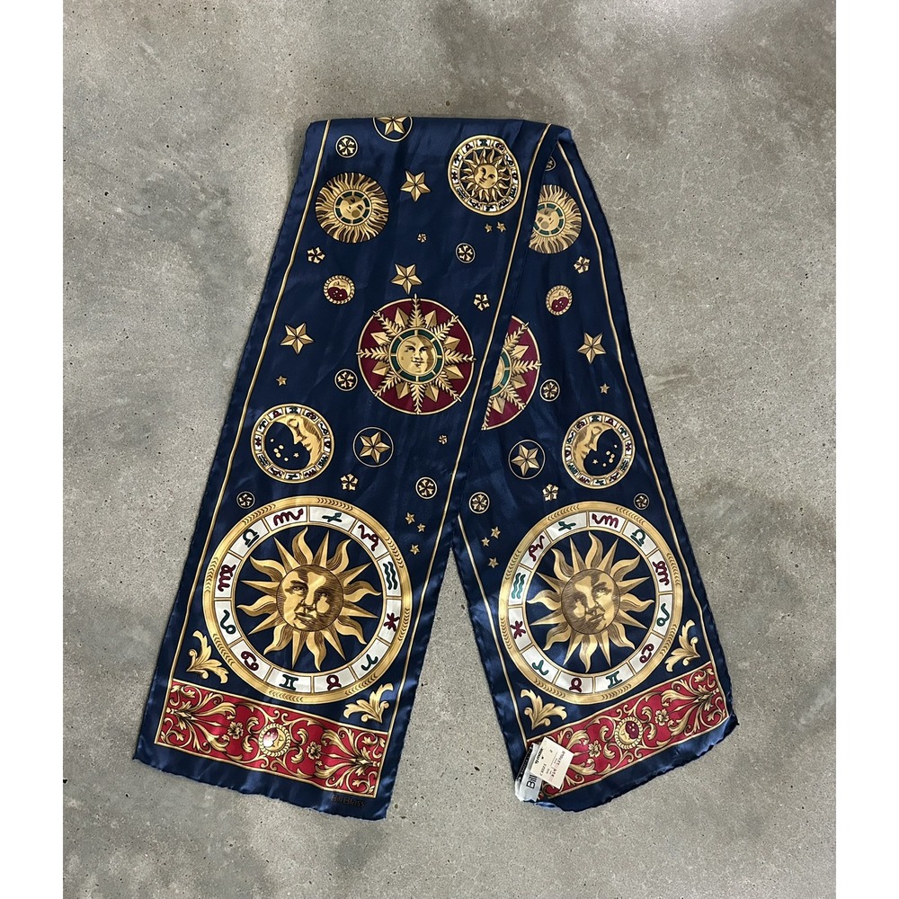 Vintage Zodiac Celestial Silk Scarf NWT Bill Blass Navy Gold